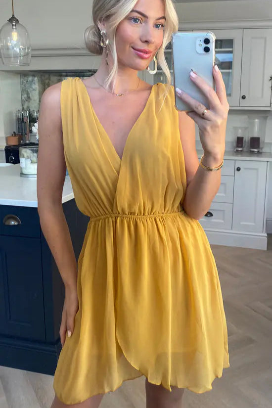 Mustard Yellow Mini Wrap Dress