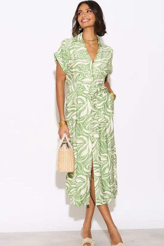 Leaves Print Cotton Linen Dress