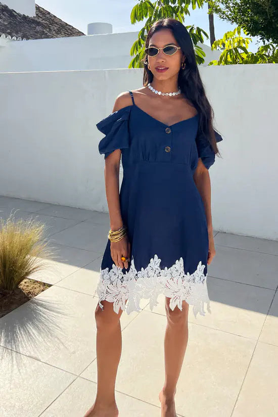 Navy Floral Cold Shoulder Dress