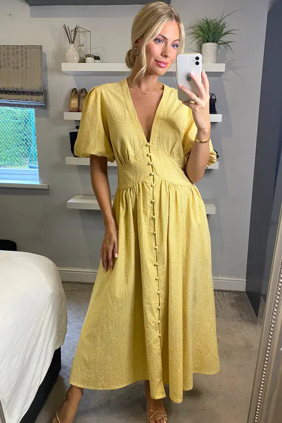 Yellow Check Puff Sleeve Dress